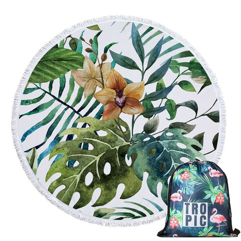 Round Microfiber Green Leaves  Beach Towel with Drawstring Bag