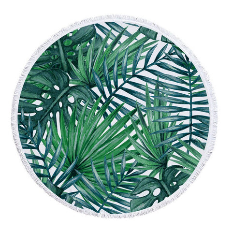 Round Microfiber Green Leaves  Beach Towel with Drawstring Bag