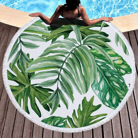Round Microfiber Green Leaves  Beach Towel with Drawstring Bag