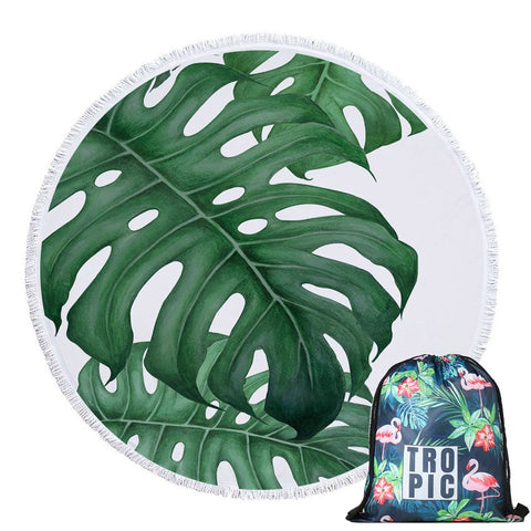 Round Microfiber Green Leaves  Beach Towel with Drawstring Bag