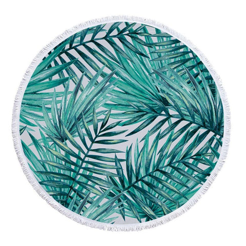 Round Microfiber Green Leaves  Beach Towel with Drawstring Bag