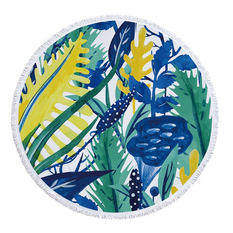 Round Microfiber Green Leaves  Beach Towel with Drawstring Bag