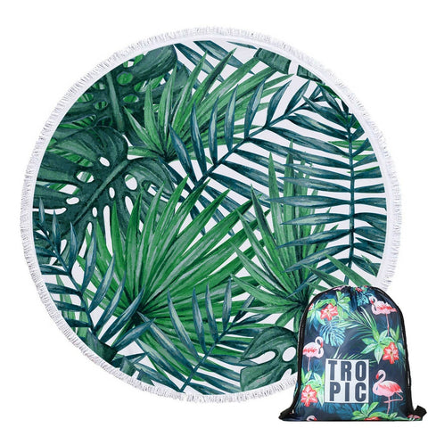 Round Microfiber Green Leaves  Beach Towel with Drawstring Bag