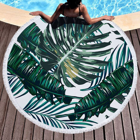 Round Microfiber Green Leaves  Beach Towel with Drawstring Bag