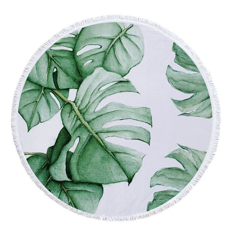 Round Microfiber Green Leaves  Beach Towel with Drawstring Bag